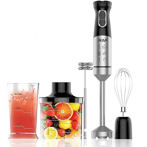 Batidora de Mano 5 en 1 de acero inoxidable Potente de 1500W 2 Modos de Velocidad Cuchillas de 4 Hojas Modos turbo, incluye Batidor, Espumador de leche, Picador de Alimentos de 500 ml y Vaso Medidor