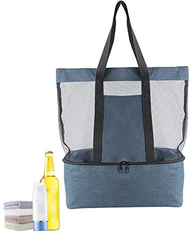 Ligeinsrk Mesh Beach Bag Großer Picknicktasche mit isoliertem Kühlerfach Strandtasche für Pool Travel Navy Beach Bag