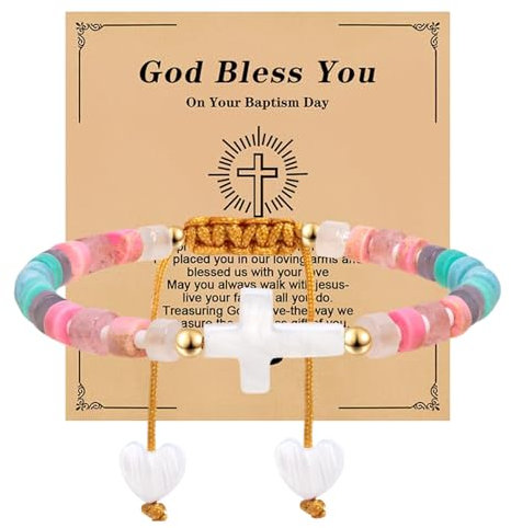 Easter & Baptism Gift, First Holy Communion Gifts for Girls, Adjustable Beaded Cross Bracelet with 'God Bless You' Card, Confirmation Christening Gifts for Girls Women