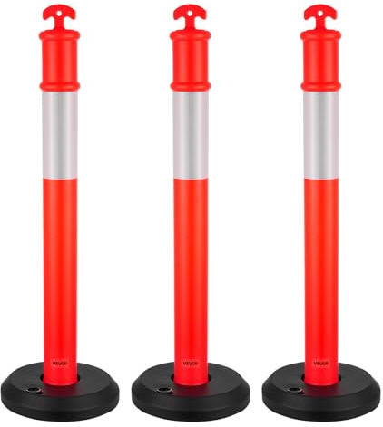 VEVOR Poteau de Signalisation 3PCs 114 cm, Balise de Délimitation avec Base Remplissable et Bandes Réfléchissantes, Délinéateur de Circulation pour Contrôle des Foules, Chantier Parking, Rouge