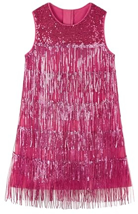 Miipat Abito con Frange di Paillettes per Ragazze, Vintage Scintillante Frangie Abiti Bambina Senza Maniche Bambini Vestito da Flapper per da Festival da Festa Danza(Rosa Rossa,7-8 Anni)