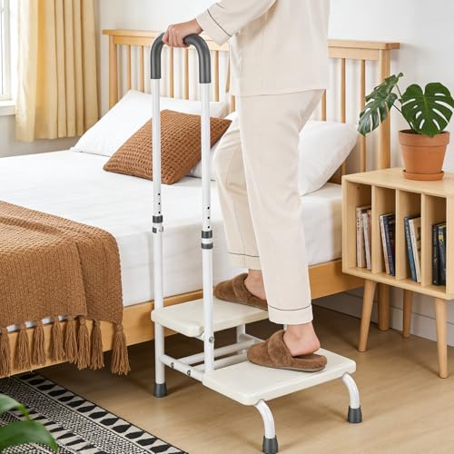 Scaletta da bagno con maniglione di supporto per anziani | Altezza regolabile in 5 posizioni (89-100 cm) | Sgabello a 2 gradini, portata massima 135 kg | Antiscivolo, ideale per vasca da bagno cucina