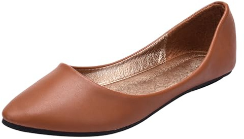 ANUFER Women's Ballet Flats Pointed-Toe Microfiber Leather Slip-on Dress Pumps Shoes Brown SN020536 UK5=EU38=CN39