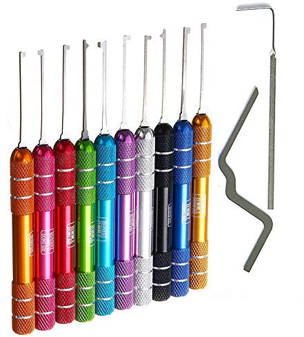 Loboo Idea 12-teiliges mehrfarbiges Dimple Kaba Dietrich-Set Werkzeuge, einschließlich 10 Stück Dimple Kaba Lock Pick Haken und 2 Stück Lock Pick Spannschlüssel für Anfänger und Pro Schlosser