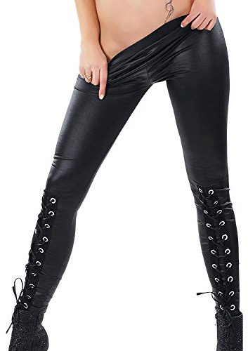Leggings con Cordones Cruzados de Punk Rock gótico para Mujer Leggings Negros para Mujer Pantalones de Cuero de imitación