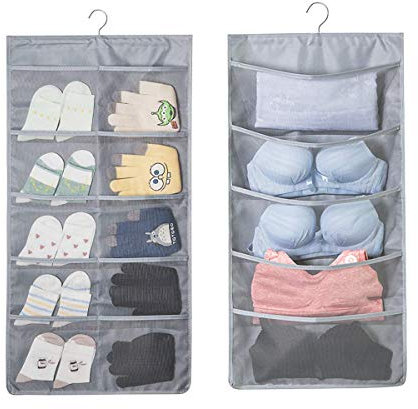 Hanging Wardrobe Storage Organiser - 15 Pockets Hanging Clothes Storage Organiser for Bra Underwear Socks Ties Organiser,Double-Sided Space-Saving Wardrobe Hanger Bag (Gray - 15 Pockets)