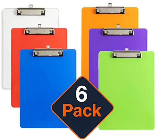 KAHEIGN 6Pcs A4 Plastic Clipboard, 6 Coloured Clipboard Paper Holder Writing Board with Low Profile Clip and Ruler Scale Edge for Memo Form Document (31.5 x 22.5cm)
