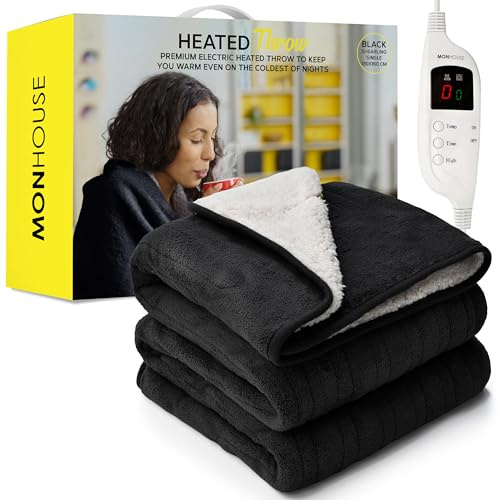 MONHOUSE 130X160 cm Soft Electric Sofa Blanket - Fleece Single Heated Throw With Digital Controller - Machine Washable Bed Throw, Timer up to 9 hours, 9 Heat Settings, Auto Shutoff - BLACK Sherpa