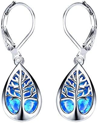 925 Sterling Silver Jewelry Exquisite Water Drop Blue White Fire Opal Life Tree Dangle Earrings For Women（blue）