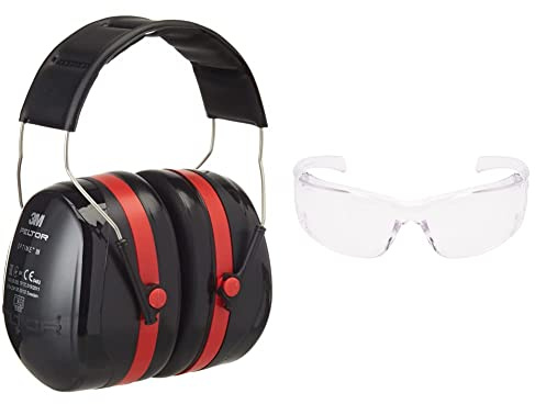 3M Peltor Optime III Kapselgehörschutz schwarz-rot - Größenverstellbare Ohrenschützer mit Doppelschalentechnologie für max. Dämpfung - & 3M Virtua AP Schutzbrille VirtuaA0, AS, UV, PC, klar, 26 g