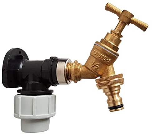 20mm MDPE Wall Flange Kit – Wall Plate Elbow ½ Brass Garden Tap with Click-Lock Hose Fitting and PTFE Tape – Easy to Install Hose Connector for Backyard, Around the House, Farmhouse. Set by MYPURECORE