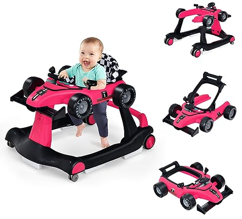 GOPLUS 4-i-1 baby gåstol, rullvagn justerbar höjd med ljus och musik, baby walker, bilformad med justerbar hastighet, promenadfri för barn från 6 månader (rosa 2)