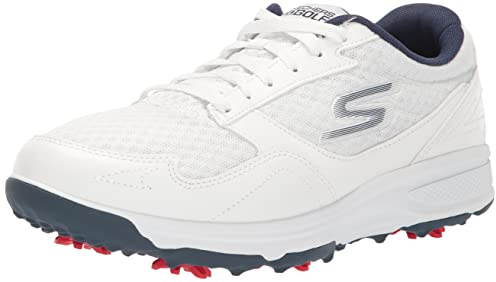 Skechers Men's Men's Torque Sport Fairway Relaxed Fit Spiked Golf Shoe, White/Navy, 10.5 Wide
