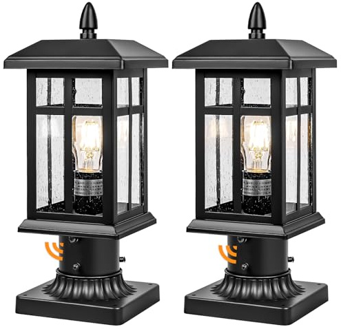 Brilvibera Outdoor Post Light 2 Packs Dusk to Dawn, Post Lights Outdoor Electric with Pier Mount, Pole Lanterns Outdoor for Yard, Driveway, Path, Black
