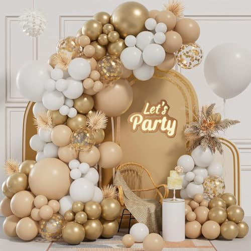 255pcs White and Gold Balloon Arch Kit - Garland With Nude Sand and Confetti Balloons for Birthday, Anniversary Party Backdrop Decoration