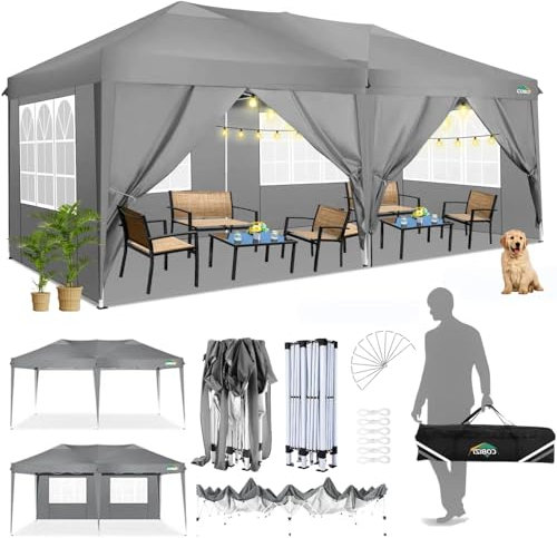 COBIZI Tonnelle Pliante 3x6, Tonnelle de Jardin Exterieur 420D Oxford, Imperméable Tente de Reception avec 6 Panneaux Latéraux, Protection UV 50+, Tonnelle de Jardin pour Fêtes Commercial(Gris