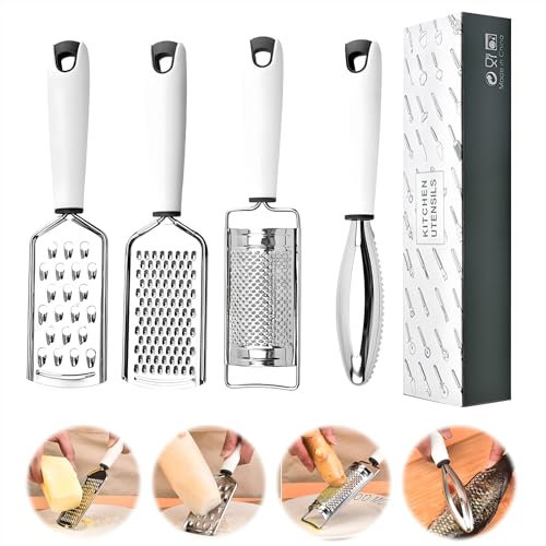 Set di 4 grattugie in acciaio inox, grattugia per pesci, zenzero, spezie, frutta, verdura, carota, aglio, cipolla, noce moscata, cetriolo, erbe, formaggio, insalata