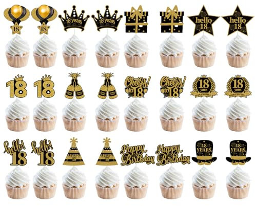 volumeoon 24 Pièces Cupcake Topper, Décoration Gâteau pour 18e Anniversaire, Décoration pour Cupcakes, Gateau, Biscuits, Desserts, Gâteau Topper pour Fête de 18e Anniversaire pour Garçons et Filles