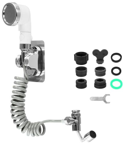 QWORK® Sink Faucet Sprayer Set - 3 Spray Modes - 5.25ft Hose - Rotatable Diverter Valve - 5 Faucet Adapters - Kitchen Bathroom Garden Shower Head for Hair Washing, Pet Shower and More