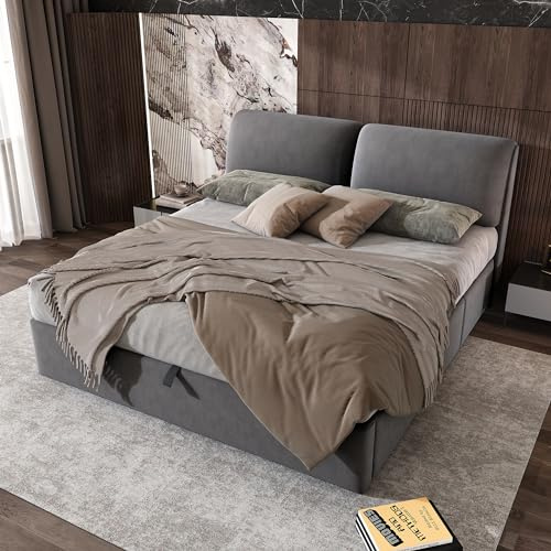Lexiou Letto imbottito, 160 x 200 cm, letto idraulico, 3 cassetti, contenitore per il letto, rete a doghe con testiera, senza materasso, velluto, grigio