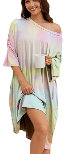 Chunoy Women Oversized Nightgown Short Sleeve Plus Sleepwear Dress with Pockets Tie Dye Pink