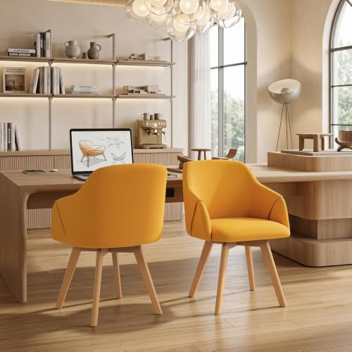 Bekrvio Set of 2 Swivel Dining Chairs with Arms – Upholstered in Breathable Linen, Wide Padded Seat with Beech Wood Legs, 360° Rotating Accent Armchair for Kitchen, Dining Room, Living Room