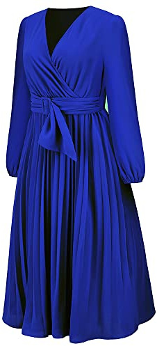 FM2018XSL Abito a Maniche Lunghe Slim Fit da Donna Plissettato con Scollo a V A-Line Gonna