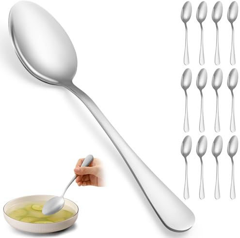 12 Pcs Large Tablespoons Set, Food-Grade Stainless Steel Soup Spoons, Metal Cutlery Spoon, Dinner Spoon, Spoons Silverware for Home, Kitchen or Restaurant, Mirror Polished, Dishwasher Safe 8 Inch