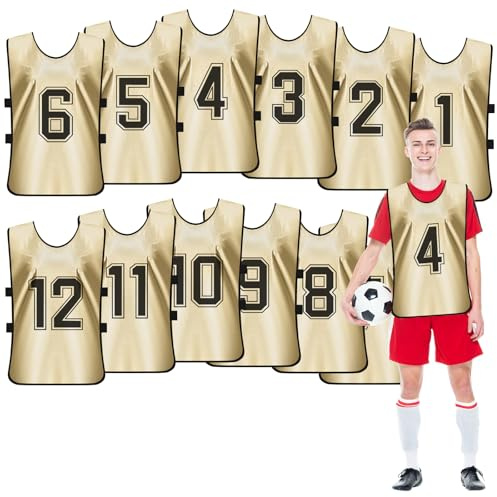 Lot de 12 gilets d'entraînement de football, dossards d'entraînement pour football, basket-ball, football, pinnie réversible numérotés pour hommes, jeunes adultes, Or terreux, taille unique