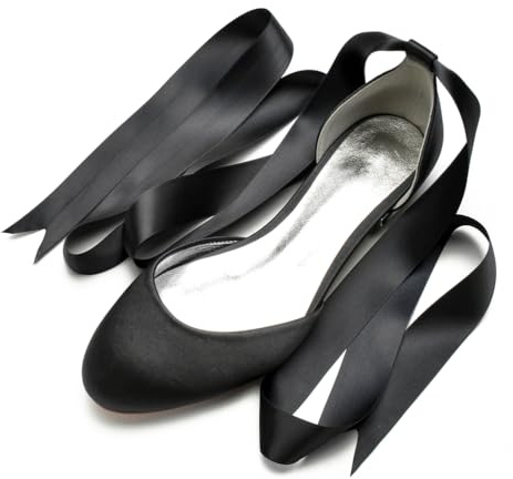 Scarpe da Sposa Basse Raso da Donna Punta Tonda Ballerine con Nastro Scarpe da Matrimoni Stringate,Nero,40 EU