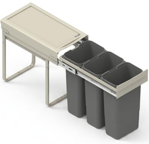 FurniFit Cubo de Basura Encastrable para Armario de 30 cm Sistema de Reciclaje de 3 Cubos con Cierre Suave y Extracción Total 26,4 x 50 x 44 cm (3x 9L) Montaje Frontal Plata