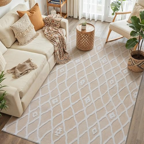 PureCozy Beige Weiß Teppich Wohnzimmer 120x170cm Boho Schlafzimmer Waschbarer Groß Teppiche 3D Effekt Gegend Kurzflor Flauschig Rutschmatte Esszimmer Kinderzimmer Bettvorleger Carpet