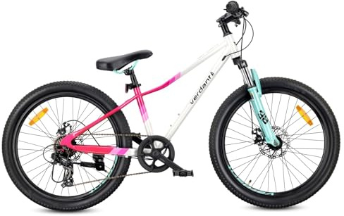 sun baby Verdant Bike Bicicletta per bambini 24 pollici, Bici da 8 anni con telaio in acciaio, freni a disco, 7 velocità, ammortizzatore anteriore (Bianco Rosa Menta)