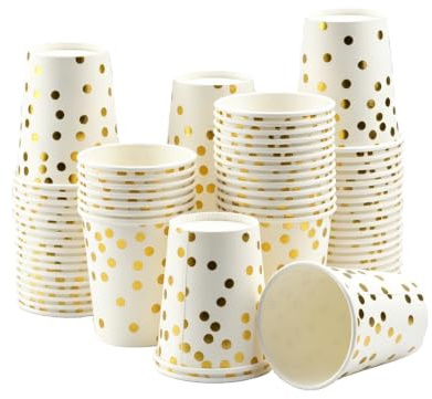Cents matter 75 stycken partypappersmuggar, pappersmuggar, 250 ml kaffemuggar, partymuggar, återanvändbara drickmuggar med prickar, för bröllop, jul, födelsedag (vitguld)