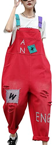 Bigassets Mujer Vaqueros estampados Mono corto sin mangas de peto Mono de mezclilla Style 5 Red