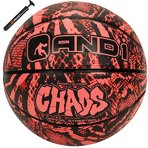 AND1 Chaos Basketball: Official Regulation Size 7 (29.5 inches) Rubber Basketball - Deep Channel Construction Streetball, Made for Indoor Outdoor Basketball Games,Red/Black Jungle