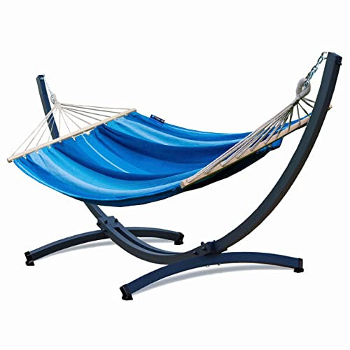 Potenza Outdoor Hängematte mit Tytan Gestell für 2 Personen I Stabhängematte XXL 220x160, 200kg I Hängemattengestell 350 kg Wetterfest (Blau, Basic Gestell Graphit)