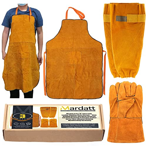 Mardatt 5 Pcs 16” Extra Long Leather Welding Work Sleeves, Stick Welding Gloves and Apron Fireproof and Heat Resistant Protective leather Set for Men &Women Welding Woodworking Gardening