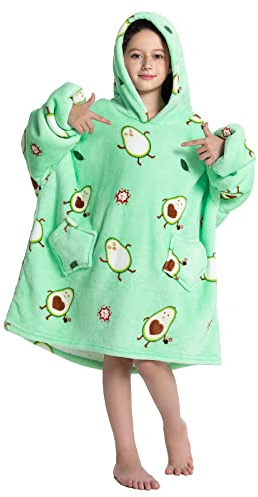 Överdimensionerad filt huvtröja för barn, flickor pojkar sherpa fleece mys huva bärbar filt sweatshirt tonåringar, Avokado, one size