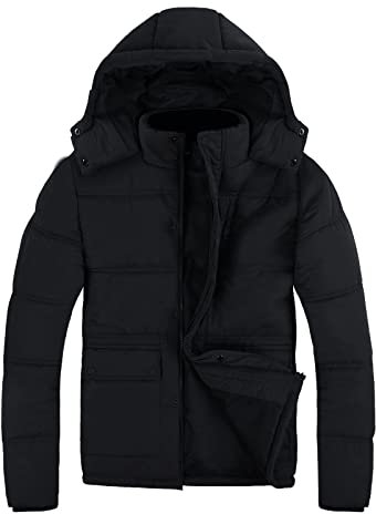 SUNDAY ROSE Puffer Jacket Mens Water-Resistance Quilted Keep Warm Winter Coat with Hood,Black with Pockets, Size XL