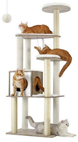 Feandrea Kratzbaum, 165 cm hoher moderner Katzenbaum, Katzenhaus mit 5 Kratzsäulen, waschbare abnehmbare Kissen, Plattform, Katzenhöhle, Katzenmöbel für Wohnungskatzen, Greige PCT166G01