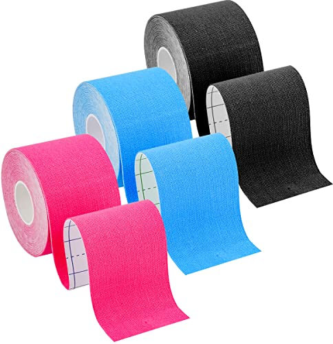 3 Rotoli Tape Sportivo, Elastiche per Bendaggio Taping Kinesiologico, Nastro Kinesiologico Impermeabile con Nero Blu Rosa 3 Rotoli Kinesio Tape per Ginocchio, Articolazioni, Supporto Muscolare