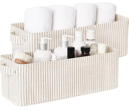 StorageWorks Narrow Storage Bins, Small Basket for Closet and Shelves, Fabric Organizer with Handles, Toilet Paper Storage, Khaki and Beige Stripes, 2-Pack
