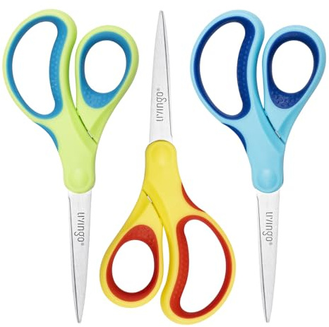 LIVINGO Lot de 3 paires de ciseaux pour école : 17,8 cm, pointe pointue, ciseaux pour enseignant pour enfants, collège, lycée, salle de classe, artisanat