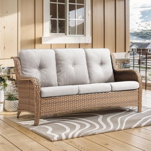 Belord Outdoor Couch Wicker Patio Sofa - 75Inch Rattan Sofa with Hight Backrest Wide Armrest, All Weather Outdoor 3 Seater Seating Wicker Couch for Balcony Proch Deck Backyard Yellow/Beige