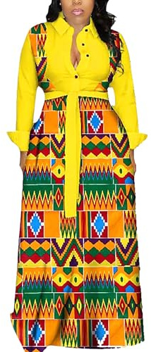 RICOCHO Women's African Long Shirt Dress V-Neck Kente Ankara Print Belted Maxi Dress Dashiki Traditional Dress