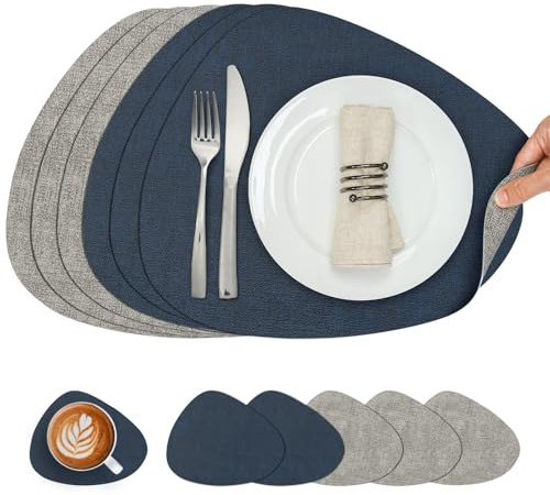 Chitomars Placemats and Coasters Set of 6 Dual Sided Faux Leather Table Mat | Heat Resistant Washable Place Mats Non Slip Waterproof PU Leather Placemat for Dining Table Indoor Outdoor (Grey Blue)