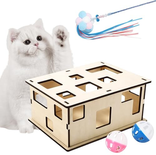 Katzenspielzeug Selbstbeschäftigung, Interaktives Katzenspielzeug Box Katzen Intelligenzspielzeug mit Federn & Interaktiven Bällen Cat Futterspiel Kann mit Snacks und Spielzeug Verwendet Werden