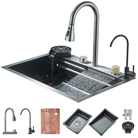 JUNSOTTOR Évier de Cuisine Cascade Multifonctionnel,Éviers de Cuisine en Acier Inoxydable,Evier de Cuisine Nano Raindance Noir 1 Bac avec Robinetterie Extractible Rinceuse en Verre(60x45cm)