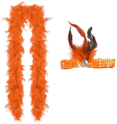 EIH 2 Pièces Accessoire Annee 20,Boa Plume 2 M avec Bandeau de plumes à Paillettes Orange,Plume Cape Tour de Cou,Boa de Plumes Moelleuses,Accessoire Carnaval,Boas de Plumes pour Déguisement
